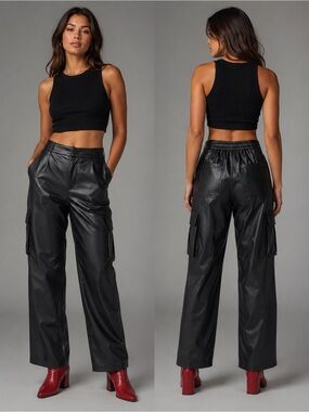 Urban Outfitters Black Faux Leather Wide Leg Cargo Pants